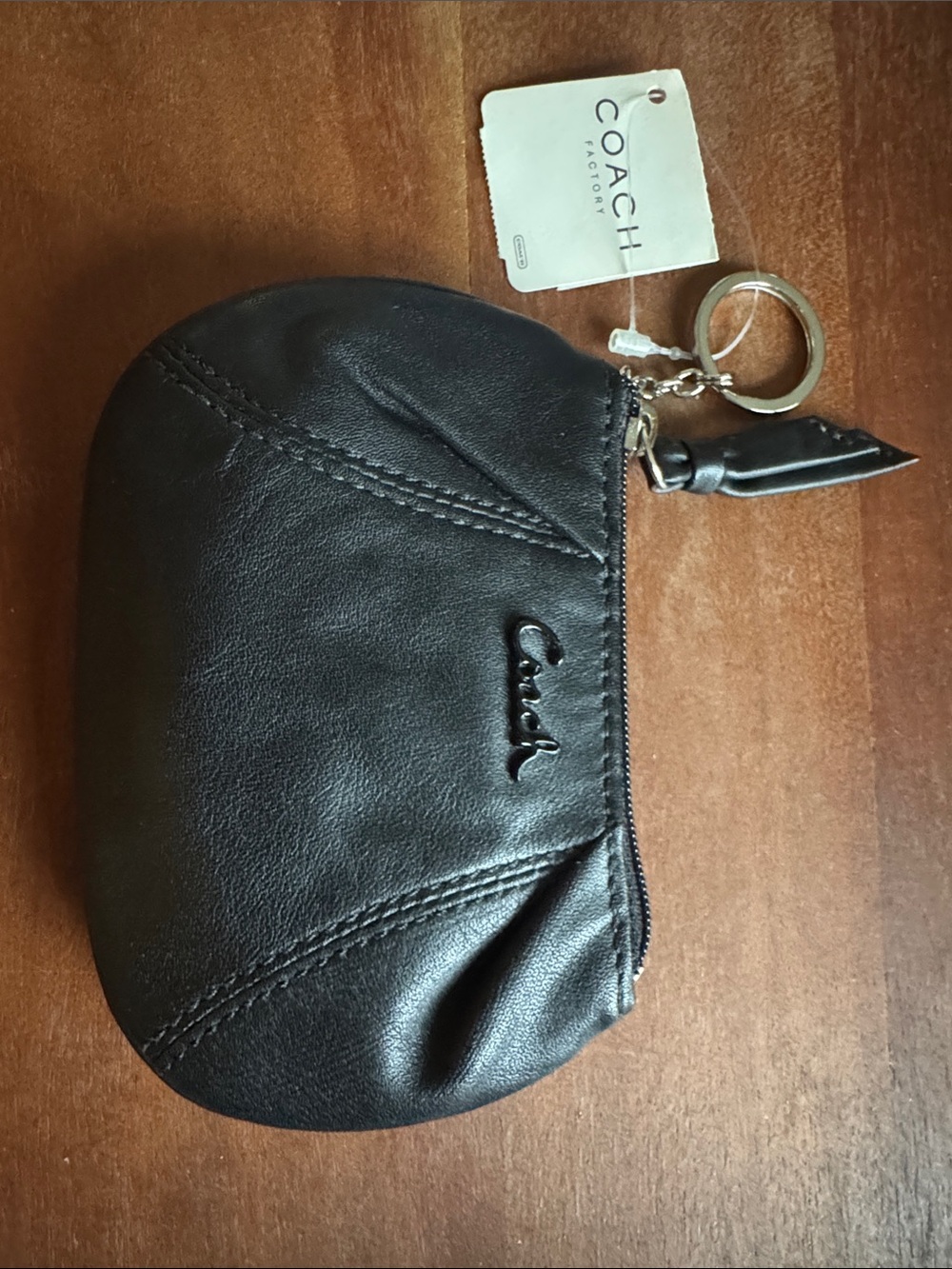 Coach Black Leather Coin Pouch with Key Ring